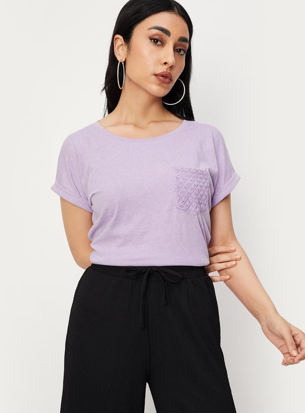 Women Solid T-shirt with Crochet Pocket