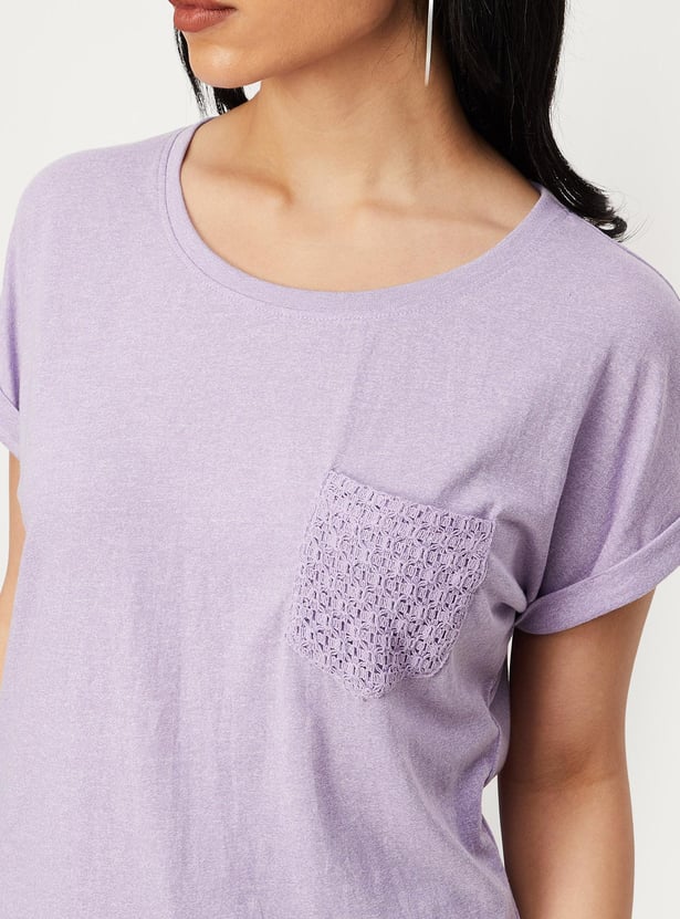 Women Solid T-shirt with Crochet Pocket