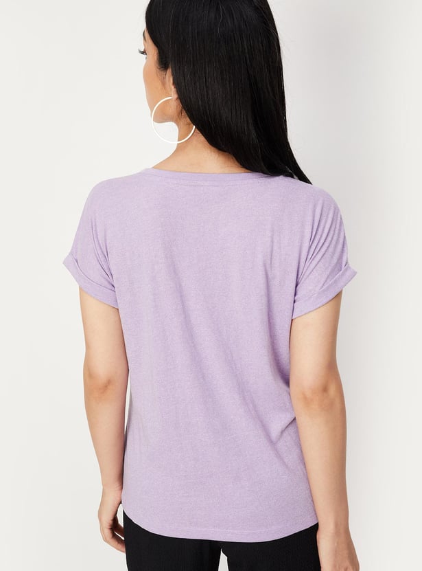 Women Solid T-shirt with Crochet Pocket