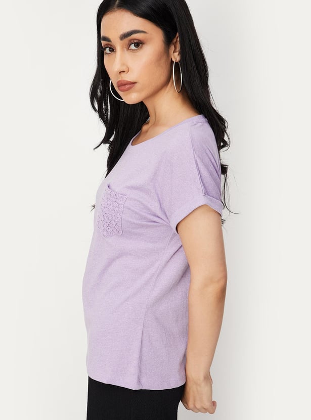 Women Solid T-shirt with Crochet Pocket