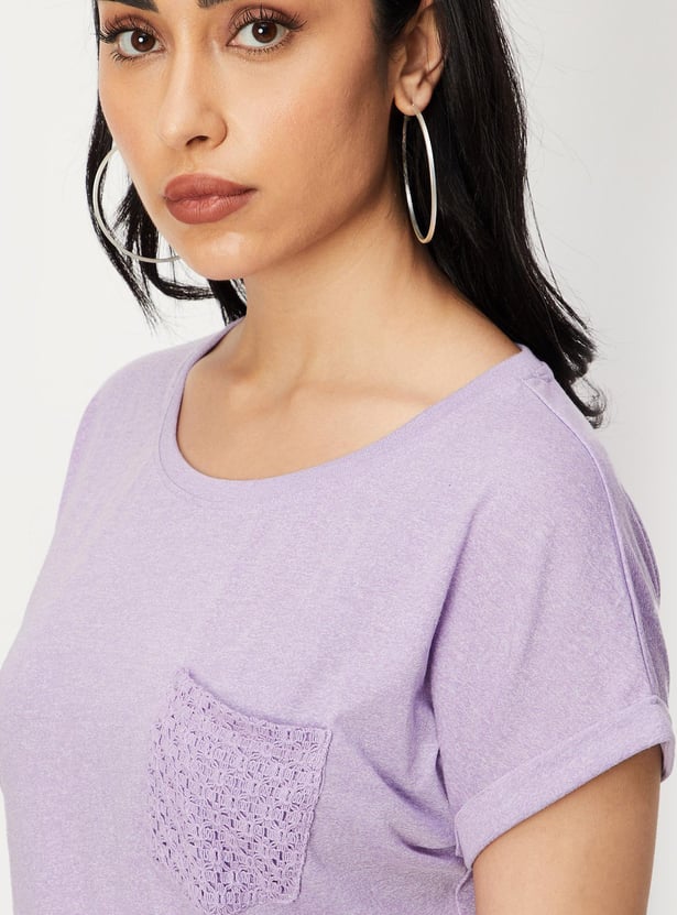 Women Solid T-shirt with Crochet Pocket