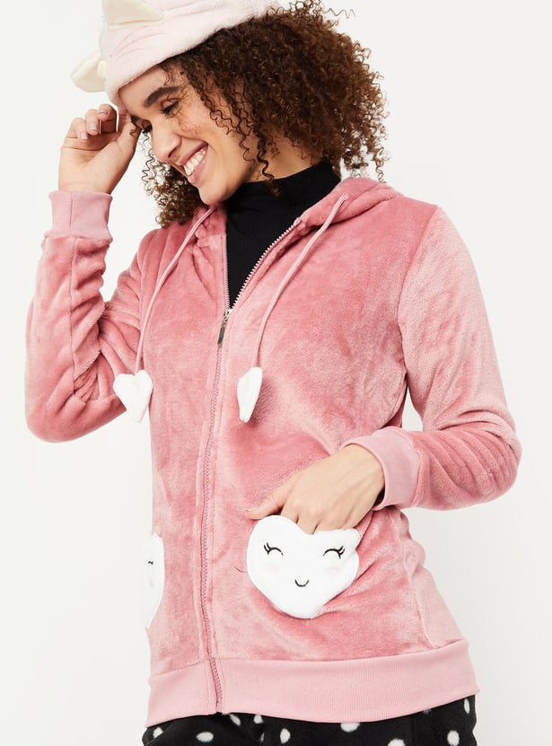 Women Fur Fleece Heart Pocket Hoodie