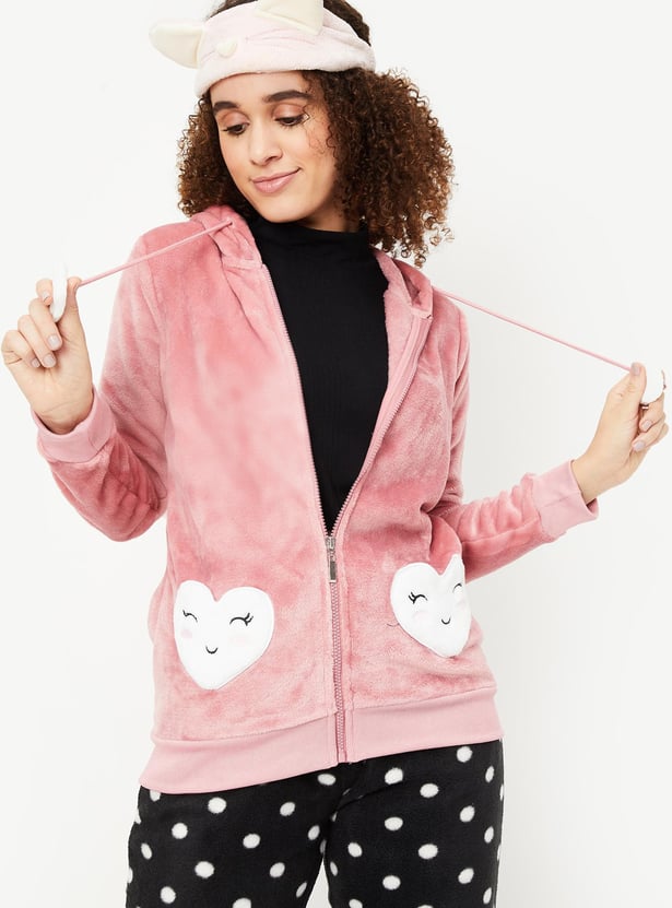 Women Fur Fleece Heart Pocket Hoodie