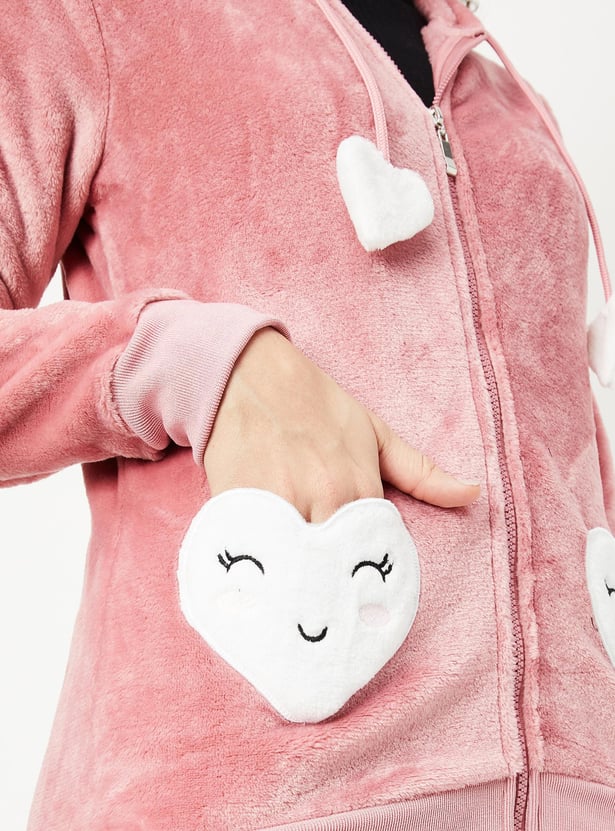 Women Fur Fleece Heart Pocket Hoodie