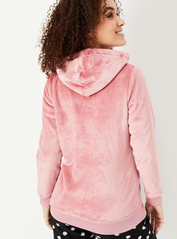 Women Fur Fleece Heart Pocket Hoodie