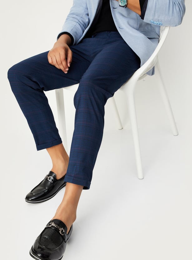 Men Carrot Fit Checked Formal Trousers