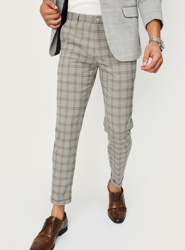 Men Carrot Fit Checked Formal Trousers