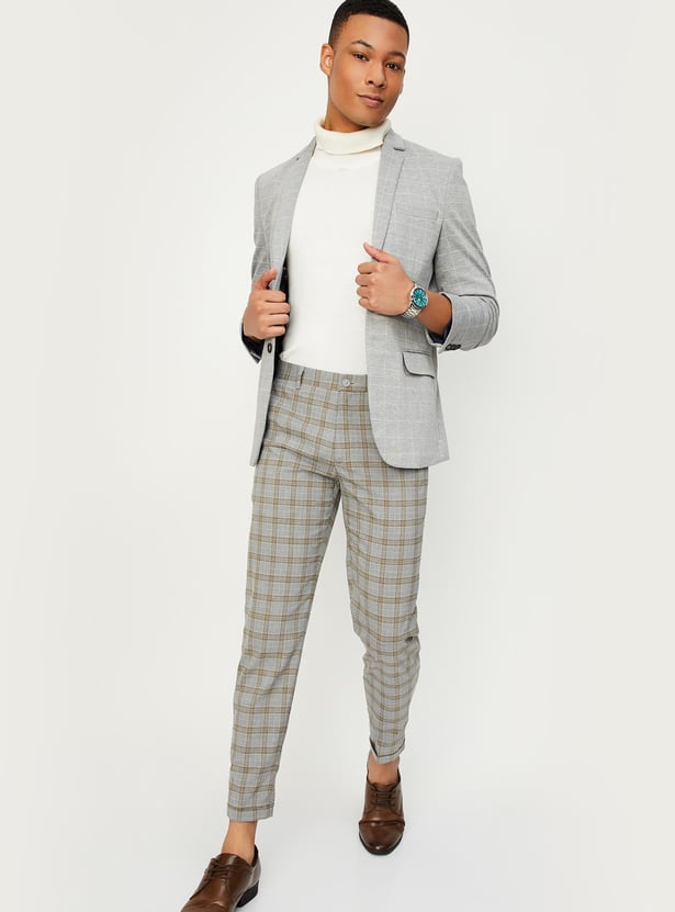 Men Carrot Fit Checked Formal Trousers