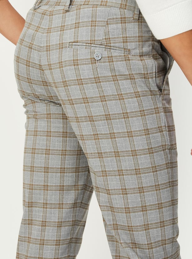 Men Carrot Fit Checked Formal Trousers