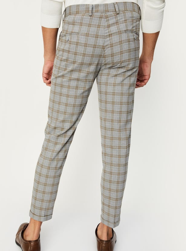 Men Carrot Fit Checked Formal Trousers