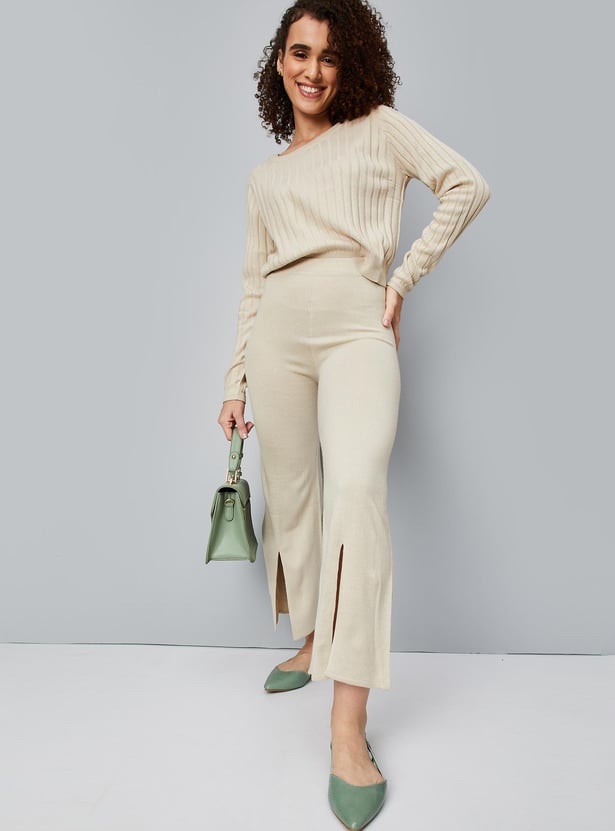 Women Knitted Slit Detail Pants