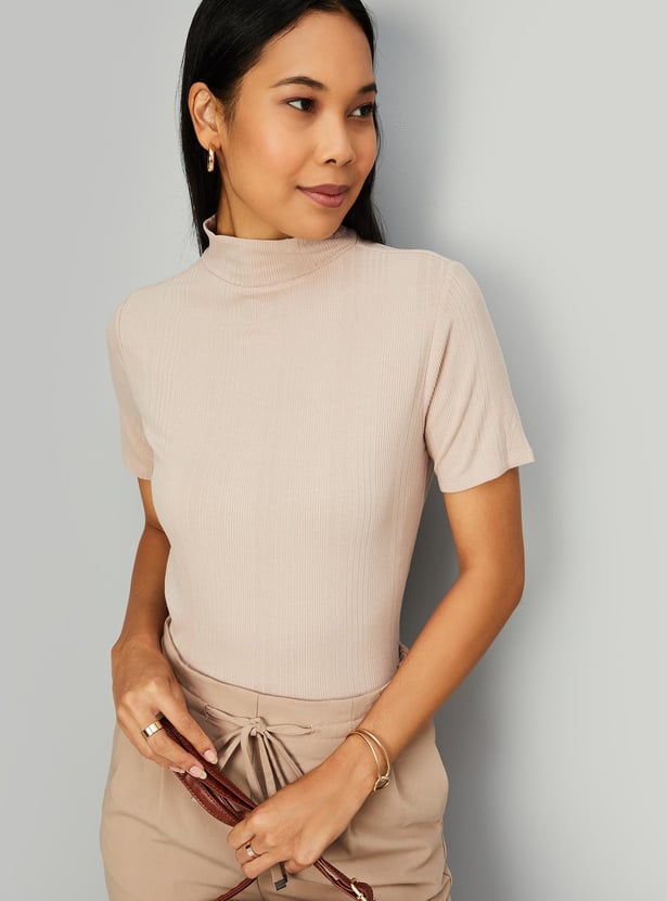 Women Ribbed High Neck T-shirt