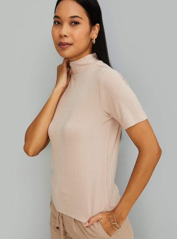 Women Ribbed High Neck T-shirt