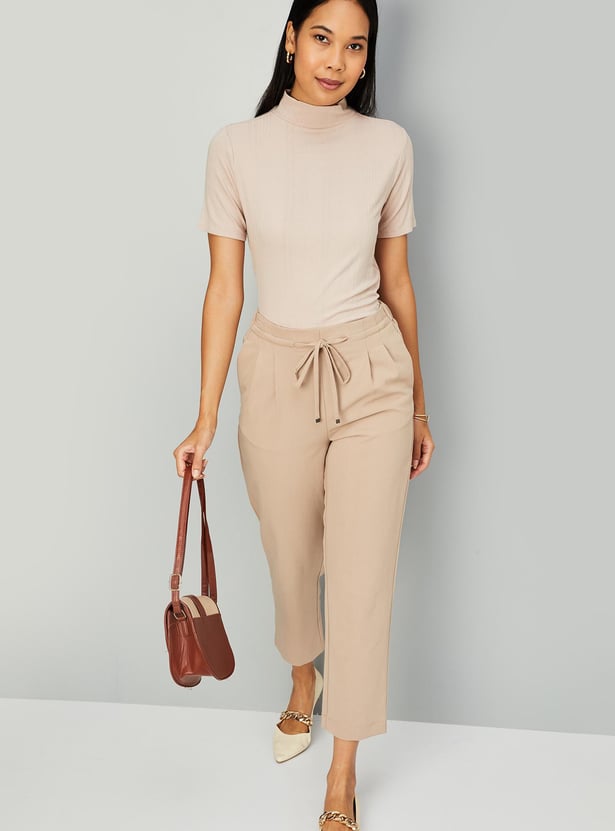 Women Ribbed High Neck T-shirt