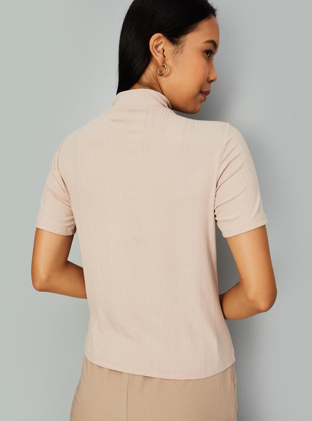 Women Ribbed High Neck T-shirt