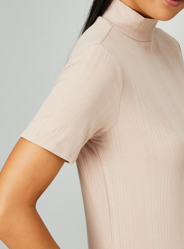 Women Ribbed High Neck T-shirt