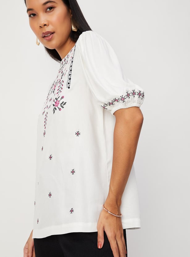 Women Embroidered Puffed Sleeves Top
