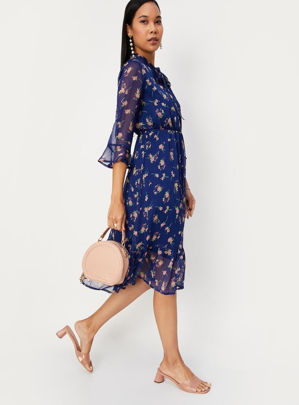 Women Printed Tie-Up Neck A-line Dress