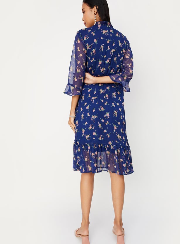 Women Printed Tie-Up Neck A-line Dress