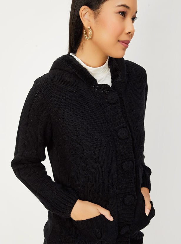 Buy Women Cable Knit Hooded Cardigan Online at just Rs