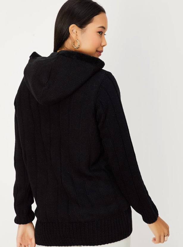 Women Cable Knit Hooded Cardigan