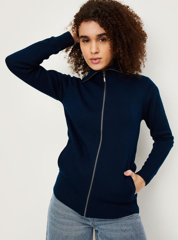 Women Solid Zip Through Sweater