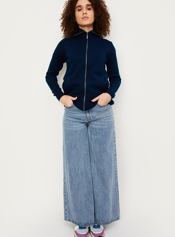 Women Solid Zip Through Sweater