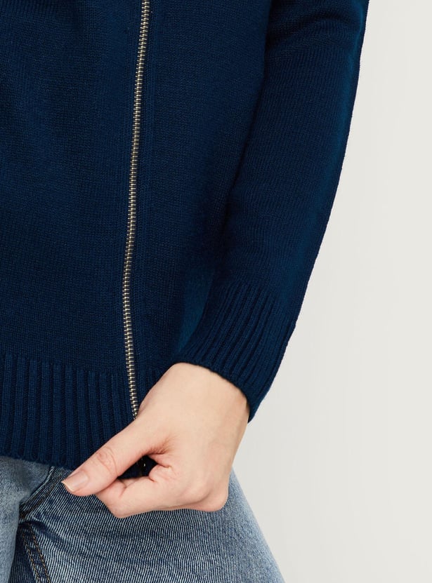 Women Solid Zip Through Sweater