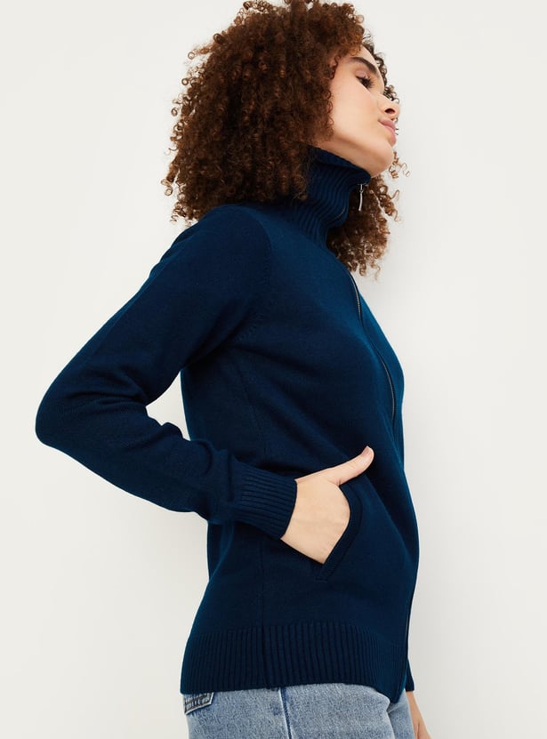 Women Solid Zip Through Sweater