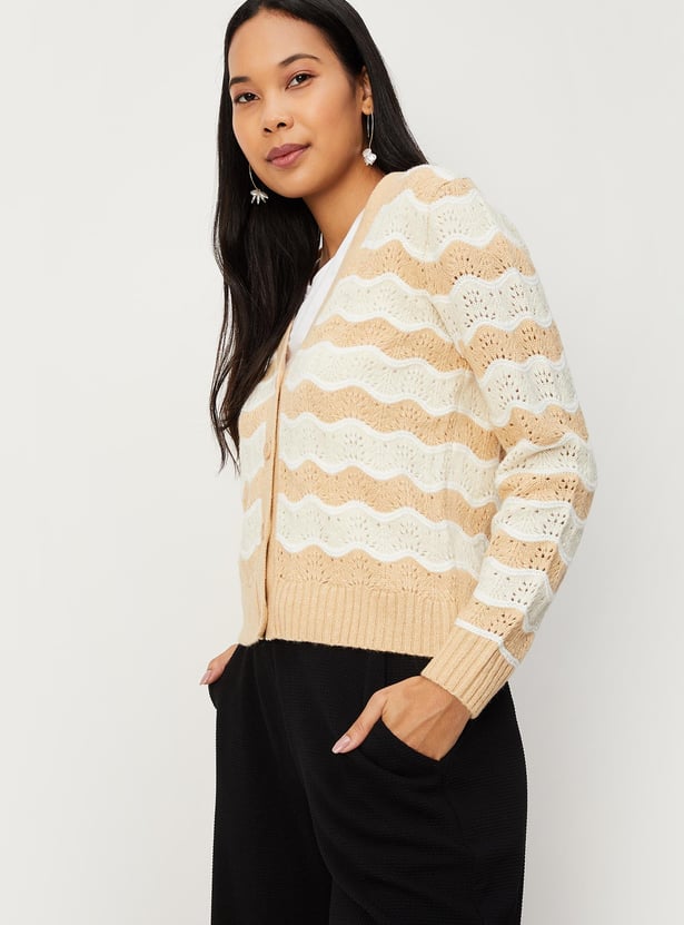 Women Striped Cable-Knit Cardigan
