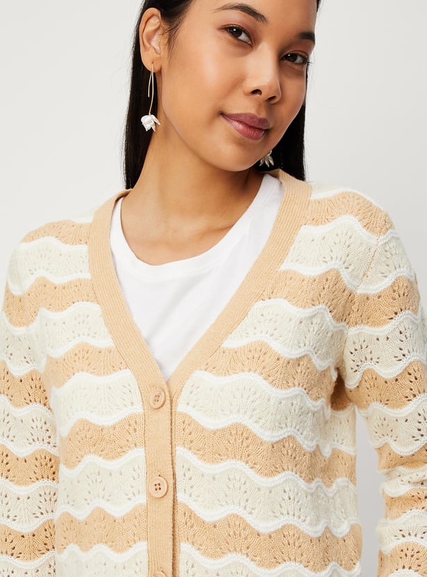 Women Striped Cable-Knit Cardigan