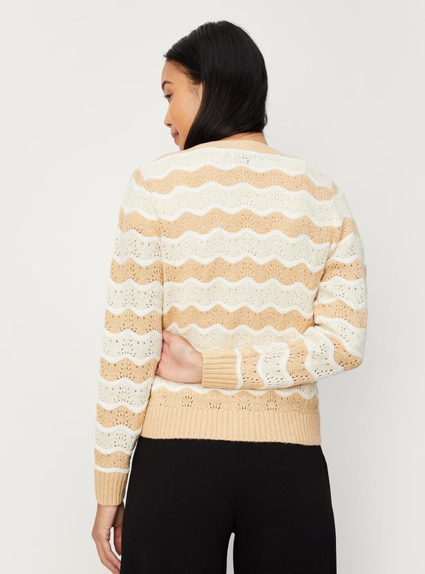 Women Striped Cable-Knit Cardigan