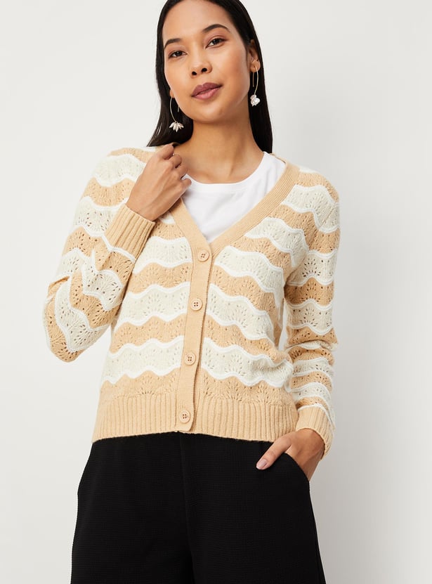 Women Striped Cable-Knit Cardigan