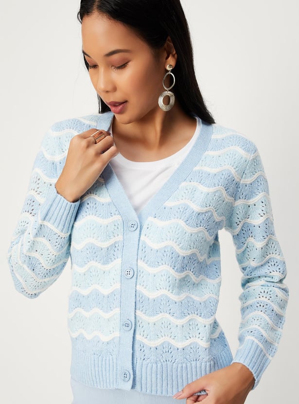 Women Striped Cable-Knit Cardigan