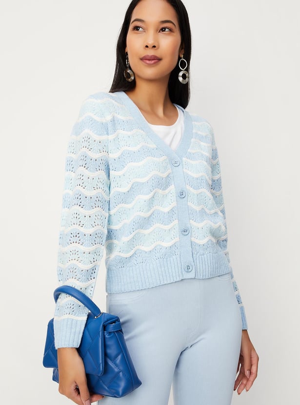 Women Striped Cable-Knit Cardigan
