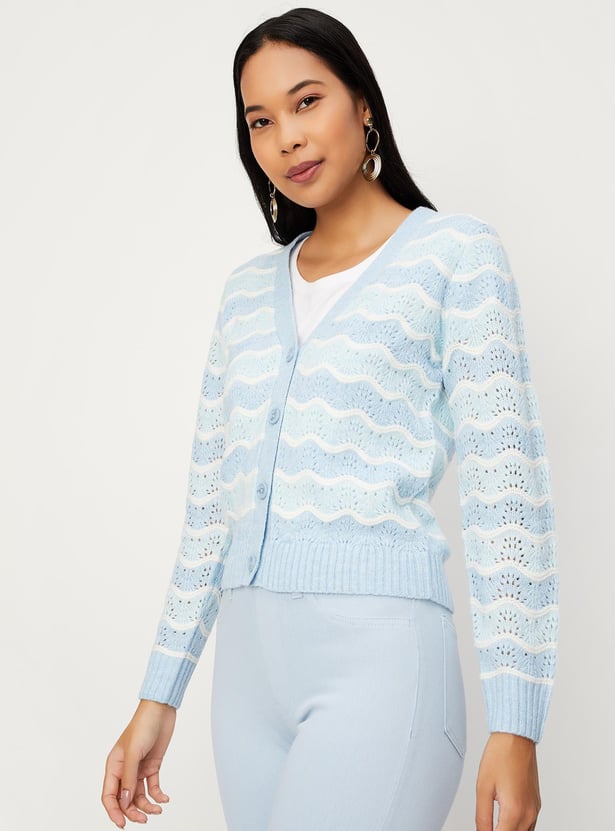 Women Striped Cable-Knit Cardigan