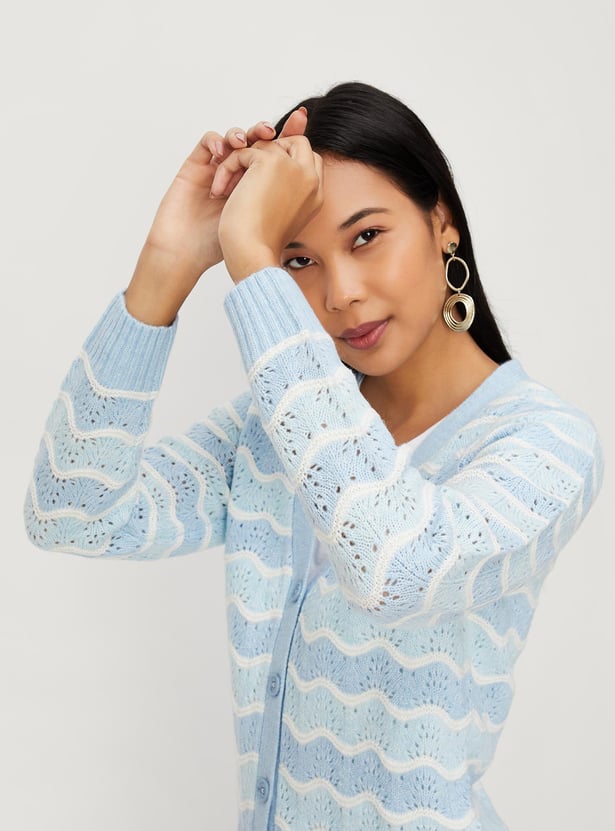 Women Striped Cable-Knit Cardigan