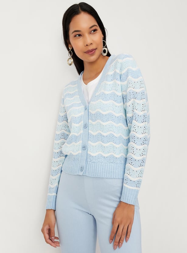 Women Striped Cable-Knit Cardigan