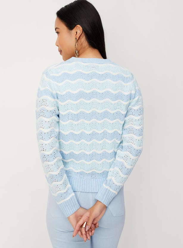 Women Striped Cable-Knit Cardigan