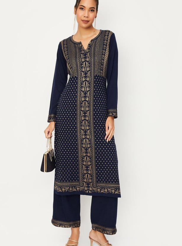 Women Printed Knit Kurta with Palazzos