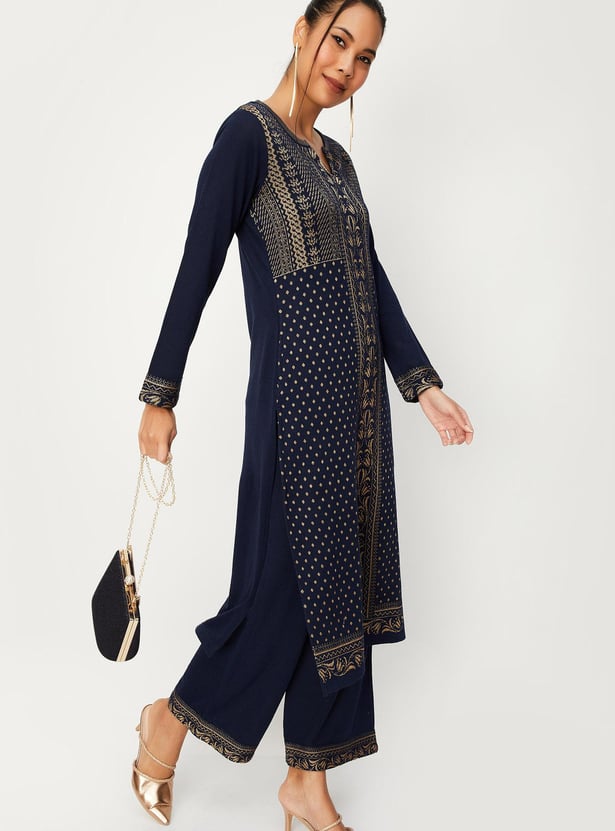 Women Printed Knit Kurta with Palazzos