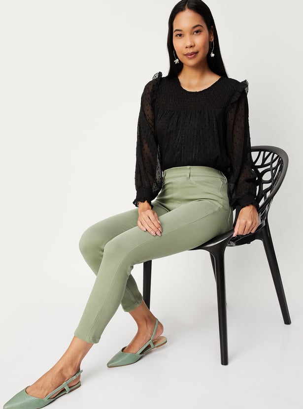 Women Smocked Yoke Bishop Sleeve Top