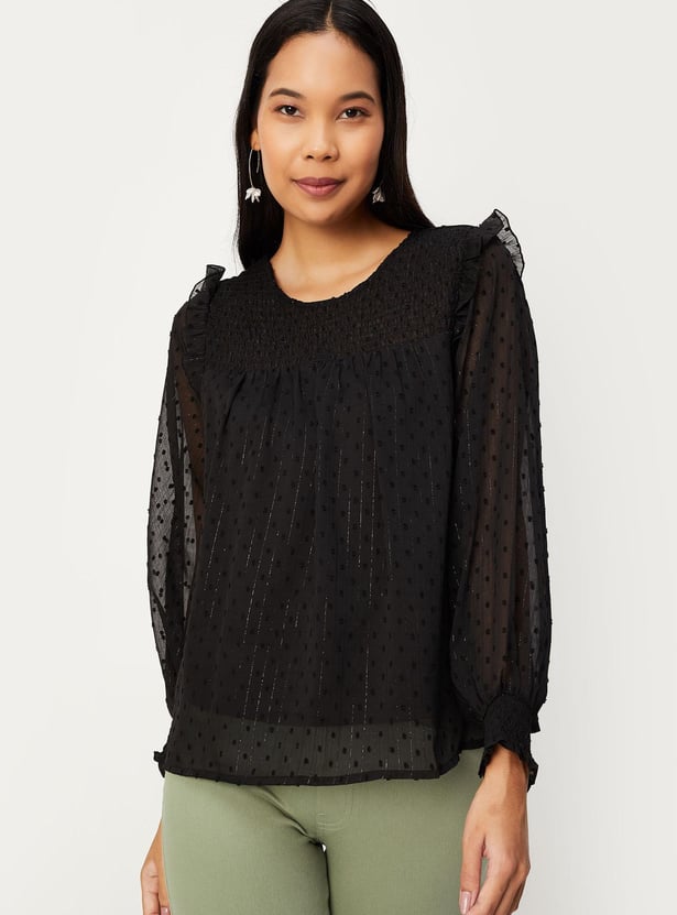 Women Smocked Yoke Bishop Sleeve Top