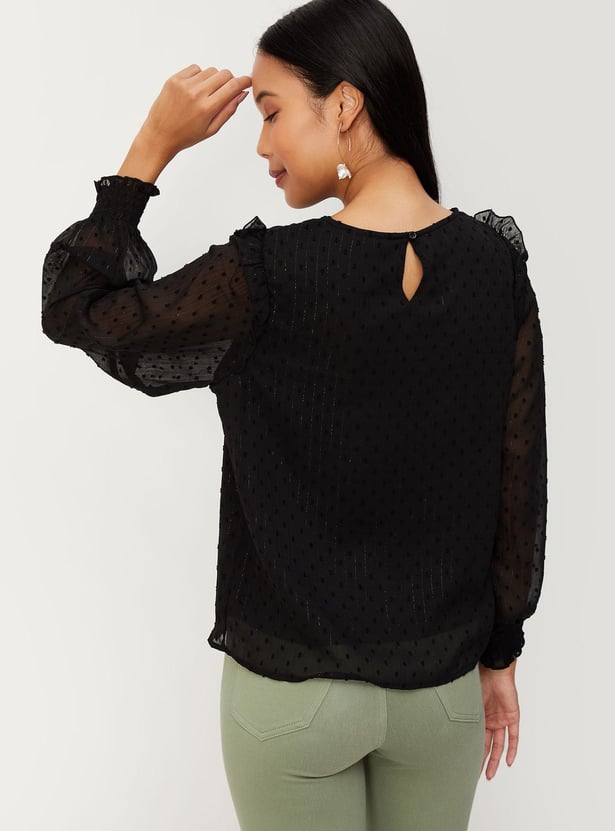 Women Smocked Yoke Bishop Sleeve Top