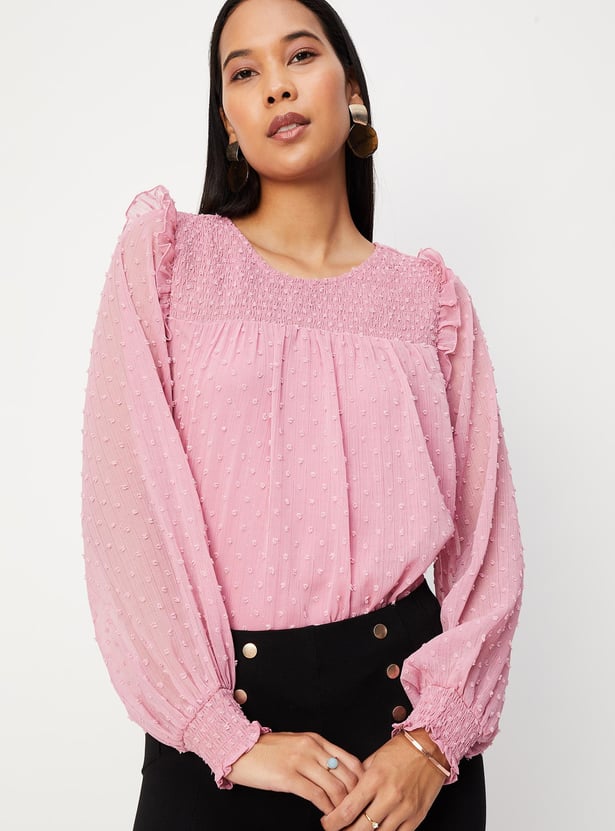 Women Smocked Yoke Bishop Sleeve Top