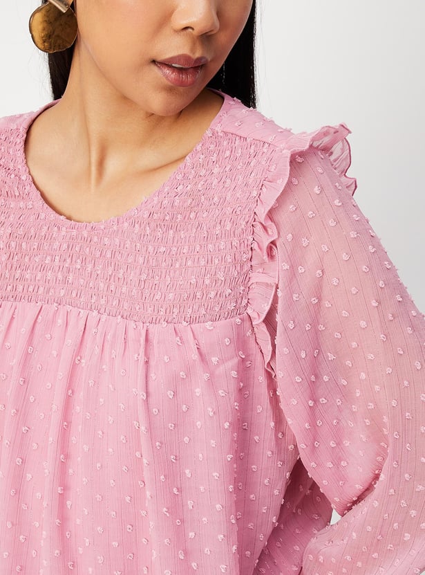 Women Smocked Yoke Bishop Sleeve Top