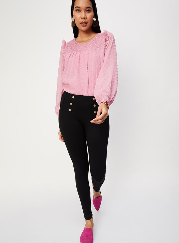 Women Smocked Yoke Bishop Sleeve Top