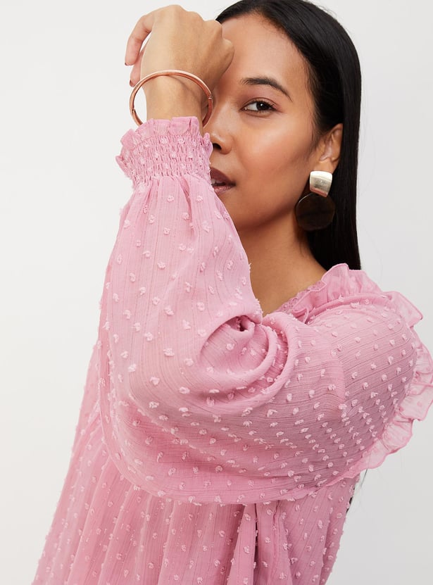 Women Smocked Yoke Bishop Sleeve Top