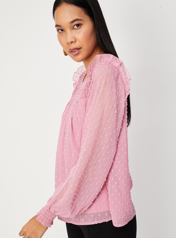 Women Smocked Yoke Bishop Sleeve Top