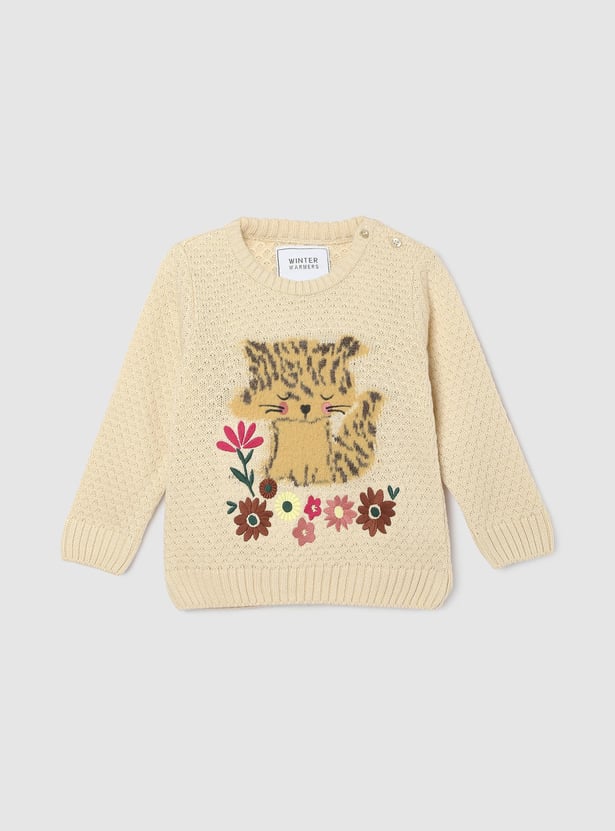 Girls Embroidered Kitten Knit Sweater